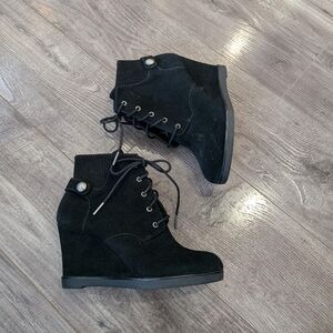 Michael Kors Black Suede Wedge Ankle Lace Up Boots